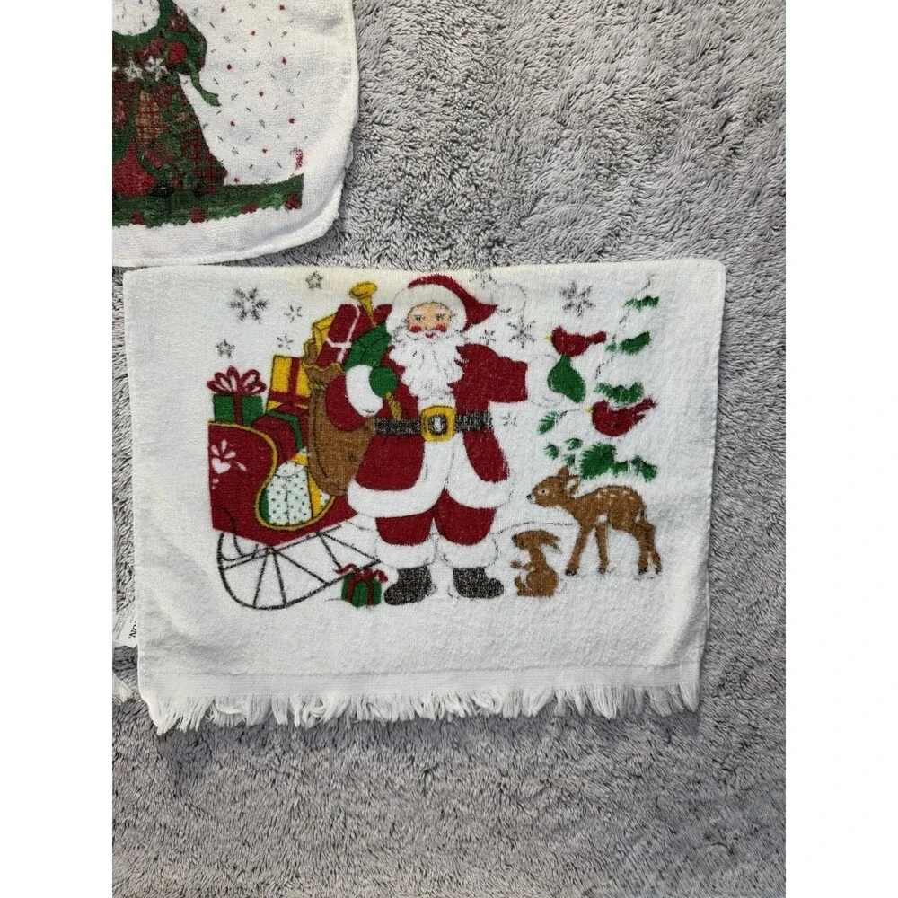 3 Vintage Christmas Cotton Kitchen Towels Fringe Santa Reindeer Tree‎ Cannon B&D